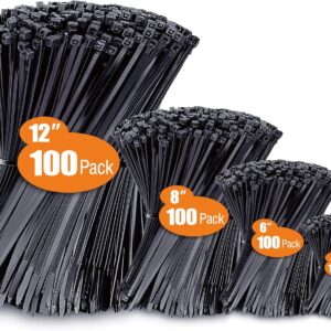 Zip Ties Assorted Sizes (4″ + 6″ + 8″ + 12″), 400 Pack, Black Cable Ties, UV Resistant Wire Ties by ANOSON